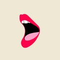 Classic nostalgic 80s-90s element in modern style flat, line style. Hand drawn vector illustration of lips, open mouth, whispering