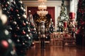 Classic Nutcracker soldier in full regalia, standing against a backdrop of Christmas decorations. The focus is on the intricate