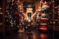 Classic Nutcracker soldier in full regalia, standing against a backdrop of Christmas decorations. The focus is on the intricate