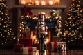 Classic Nutcracker soldier in full regalia, standing against a backdrop of Christmas decorations. The focus is on the intricate