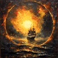 A classic oil painting depicting a ship at sea silhouetted against a dramatic ring of fire eclipse with a vibrant yellow sun