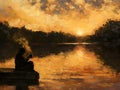 A classic oil painting of a solitary figure sitting on a dock by a river silhouetted against a golden sunset