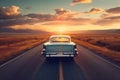 Classic old american car on the road at sunset. Royalty Free Stock Photo