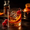 Classic Old Fashioned cocktail made with bourbon, sugar, bitters and twist of citrus zest. AI generated Royalty Free Stock Photo