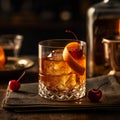 Classic Old Fashioned cocktail made with bourbon, sugar, bitters and twist of citrus zest. AI generated Royalty Free Stock Photo