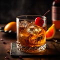 Classic Old Fashioned cocktail made with bourbon, sugar, bitters and twist of citrus zest. AI generated Royalty Free Stock Photo