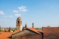 Above view of classic old medieval italian town of Marostica in Veneto region at sunset with bell tower and old statues Royalty Free Stock Photo