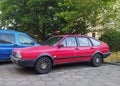 Old red classic veteran German car Volkswagen Passat B2 parked