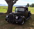 Classic old pickup parked under shade tree in grass by lake