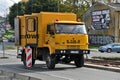 Repair work on the tram line with a technical vehicle veteran classic old Polish yellow 4WD truck Star 244 service workshop car