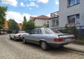 Classic old silver grey coupe car Mercedes Benz 500 SLC 5.0 litre front and rear part