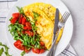 Classic omelet with cheese and tomatoes salad on white plate, top view Royalty Free Stock Photo