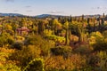 Classic Panorama of the Tuscan landscape with hills, cypresses, villas