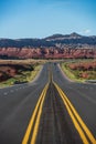 Classic panorama view of an endless straight road running through the barren scenery of the American Southwest.