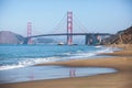 Classic panoramic view of famous Golden Gate Bridge seen from Baker Beach in beautiful summer sunny day with blue sky, San Royalty Free Stock Photo