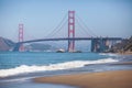 Classic panoramic view of famous Golden Gate Bridge seen from Baker Beach in beautiful summer sunny day with blue sky, San Royalty Free Stock Photo