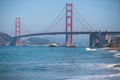 Classic panoramic view of famous Golden Gate Bridge seen from Baker Beach in beautiful summer sunny day with blue sky, San Royalty Free Stock Photo