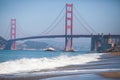 Classic panoramic view of famous Golden Gate Bridge seen from Baker Beach in beautiful summer sunny day with blue sky, San Royalty Free Stock Photo
