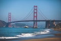 Classic panoramic view of famous Golden Gate Bridge seen from Baker Beach in beautiful summer sunny day with blue sky, San Royalty Free Stock Photo