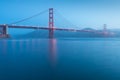 Classic panoramic view of famous Golden Gate Bridge seen from San Francisco harbour in beautiful evening light on a dusk. Royalty Free Stock Photo