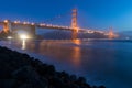 Classic panoramic view of famous Golden Gate Bridge seen from San Francisco harbour in beautiful evening light on a dusk. Royalty Free Stock Photo