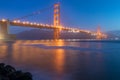 Classic panoramic view of famous Golden Gate Bridge seen from San Francisco harbour in beautiful evening light on a dusk. Royalty Free Stock Photo