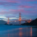 Classic Panoramic View Of Famous Golden Gate Bridge Seen From Scenic Baker Beach In Beautiful Golden Evening Light On A Dusk