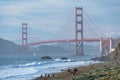 Classic panoramic view of famous Golden Gate Bridge seen from scenic Baker Beach in beautiful golden evening light on sunset. Royalty Free Stock Photo