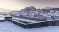 Historic city of Salzburg at sunrise in winter, Austria Royalty Free Stock Photo