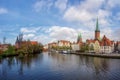 Classic panoramic view of historic skyline of hanseatic town of LÃ¼beck with famous St. Mary`s Church