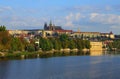 Classic panoramic view of medieval Prague. Scenic landscape of ancient Prague Castle and Saint Vitus Cathedral with Vltava River. Royalty Free Stock Photo