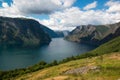 Classic panoramic view to the fjord from viewpoint on National Tourist Route Aurlandsfjellet, Norway