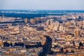 Classic Parisian buildings. Aerial view of roofs. Paris roofs panoramic overview at summer day, France. View of typical parisian