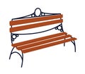 Classic park bench with ornate metal frames and wooden slats, isolated on white. Outdoor furniture and public space