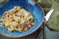 Classic pasta with wild mushrooms, cream sauce and parmesan in a blue plate on a wooden background. Close up, selective focus Royalty Free Stock Photo