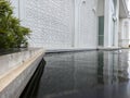 classic patterned white wall with pool front yard