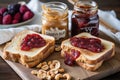 Classic peanut butter and jelly sandwich, with the rich, creamy peanut butter perfectly paired with a sweet, fruity jam or jelly.