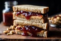 Classic peanut butter and jelly sandwich, with the rich, creamy peanut butter perfectly paired with a sweet, fruity jam or jelly.