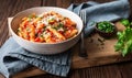 Classic penne all`Arrabbiata, spicy pasta with tomato and chilli sauce, topped with grated cheese Royalty Free Stock Photo