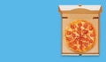 Classic pepperoni pizza in a delivery cardboard box top view