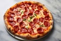 A classic pepperoni pizza on a marble counter, succulent toppings and soft, subtle shadows