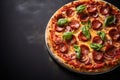 A classic pepperoni pizza on a marble counter, succulent toppings and soft, subtle shadows