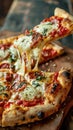 Classic Pepperoni Pizza with Stretchy Melted Cheese and Basil on Wooden Table