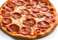 Classic pepperoni pizza on white table background.