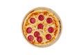 Classic pepperoni pizzai on a wooden stand isolated on a white background. Top view