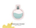 Classic Perfume bottle illustration. Man fragrance isolated icon. Ocean perfume in retro bottle sticker