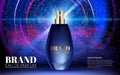Classic Perfume Contained in Glass Bottle Poster Ads Mock up Blue Blur Shine Glowing Line Black Background. Excellent