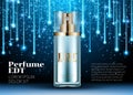 Classic Perfume Contained in a Luxury Beautiful Glass Blue Bottle Poster Ads Mock up Shine Glowing Line Black Background