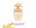 Classic Perfume gold bottle illustration. Glamour fragrance isolated icon. Woman perfume in retro bottle sticker
