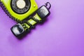 Classic phone with handset. vintage green telephone with phone receiver isolated on purple background. old communication Royalty Free Stock Photo